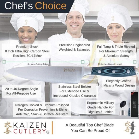 Kaizen Cutlery 8 In Japanese Chef’s Knife Ultra High Carbon Steel Micarta Wood - Picture 3 of 6